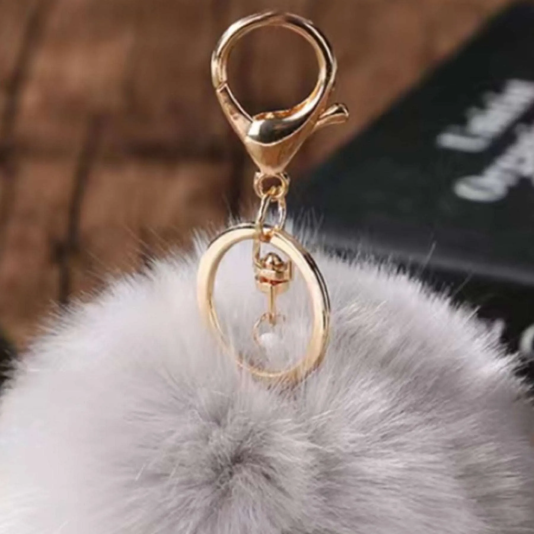 Light Gray Soft Faux Fur Pom Pom Keychain Bag Charm