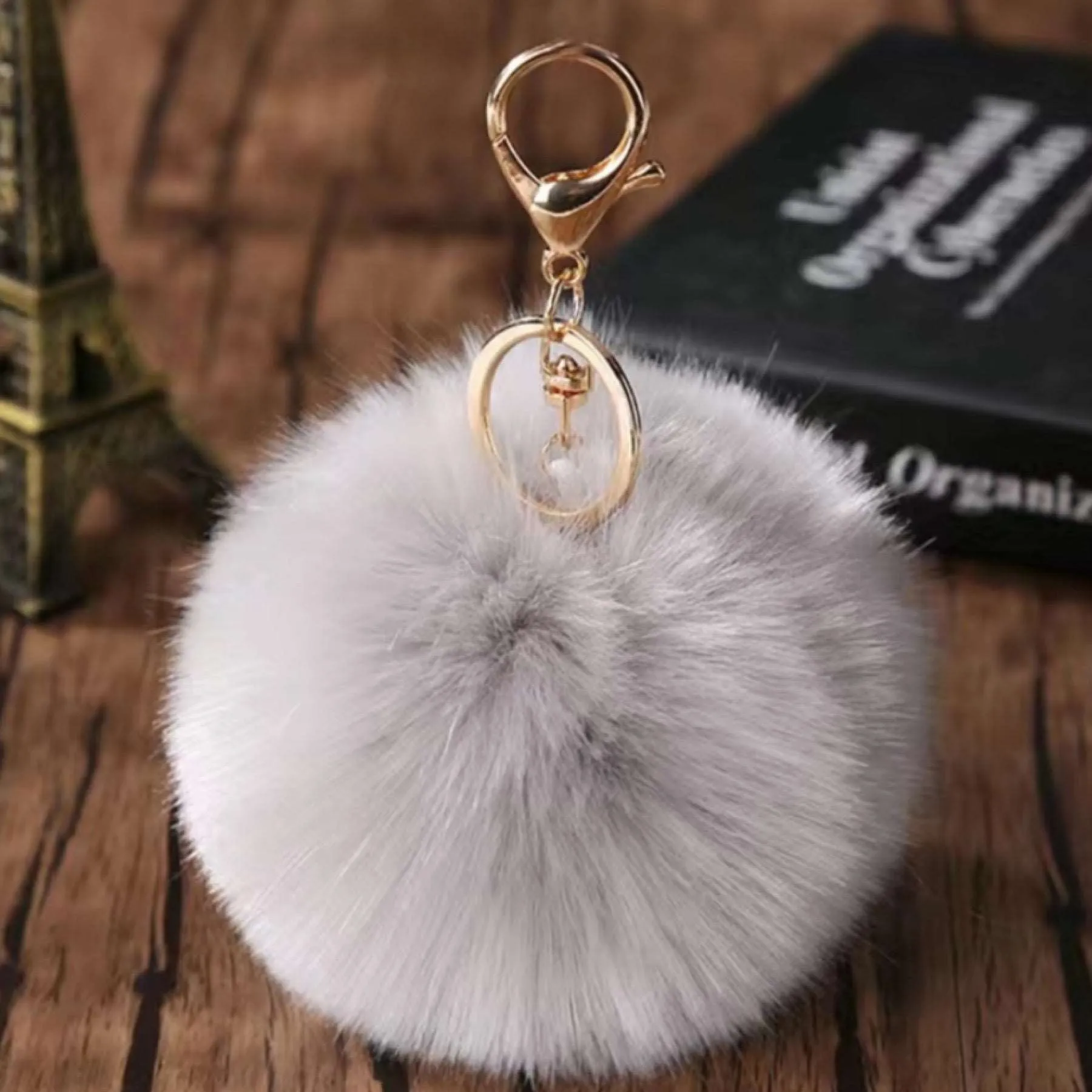 Light Gray Soft Faux Fur Pom Pom Keychain Bag Charm