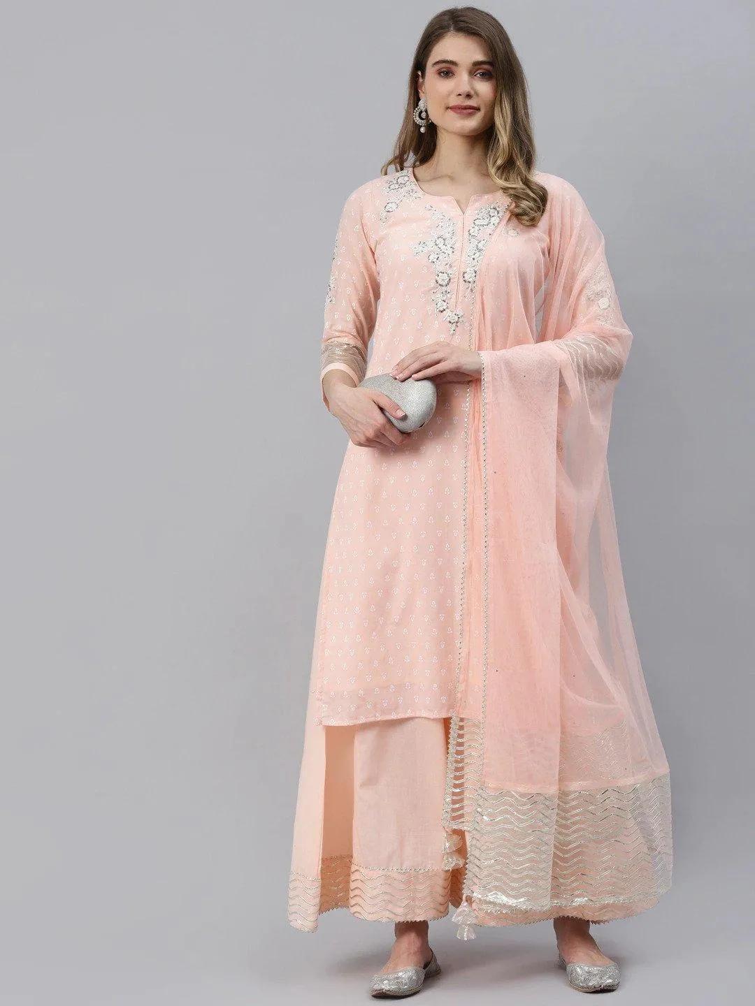 Light Pink Kurta Palazzo Set With Net Dupatta