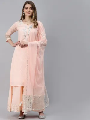 Light Pink Kurta Palazzo Set With Net Dupatta