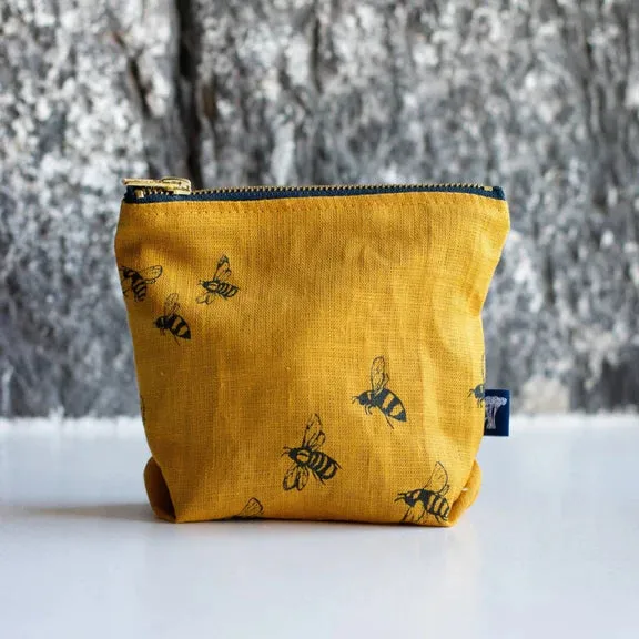 Linen Make Up Bag with Bee Design - Mustard