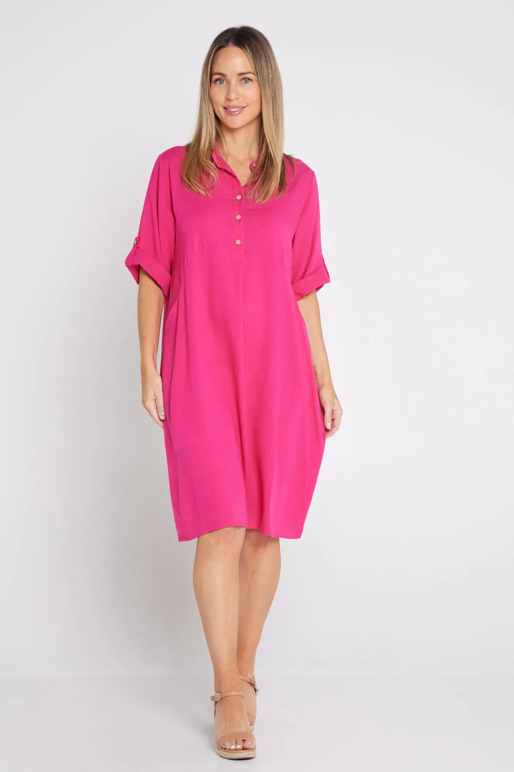 Maria Cotton & Linen Dress - Hot Pink