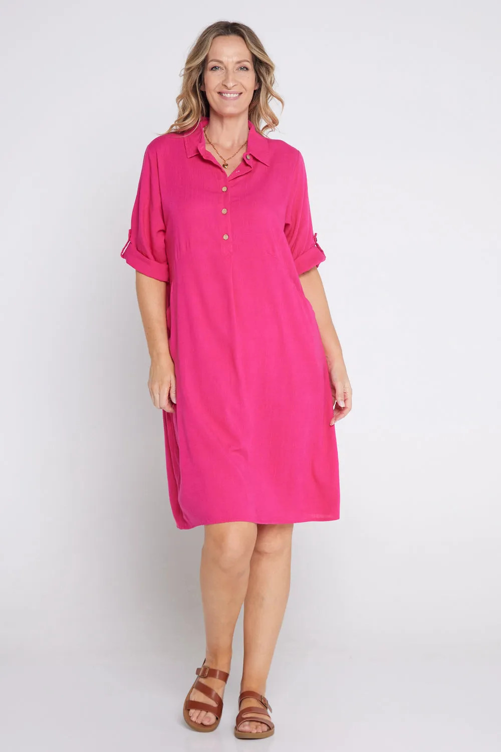 Maria Cotton & Linen Dress - Hot Pink