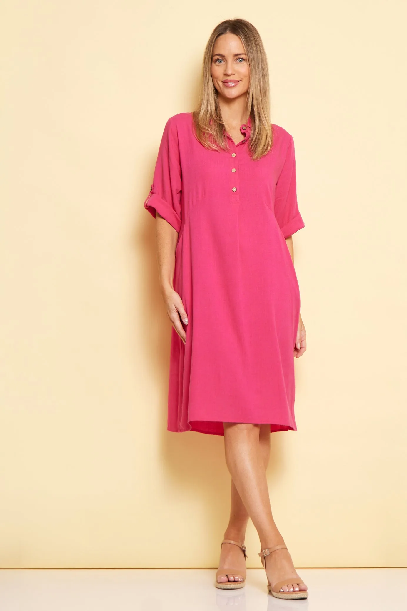 Maria Cotton & Linen Dress - Hot Pink