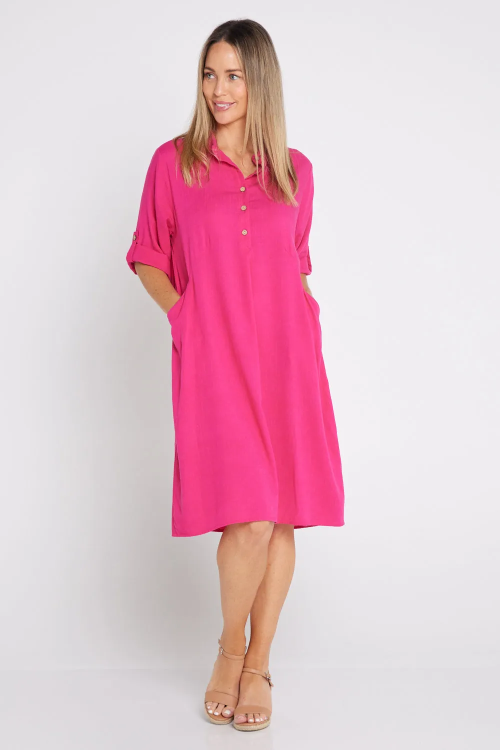 Maria Cotton & Linen Dress - Hot Pink