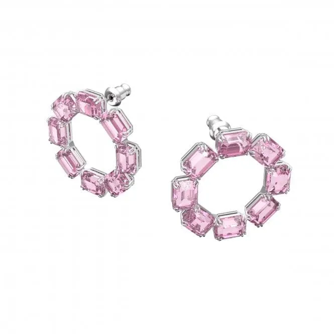 Millenia Hoop Octagon Cut Crystals Pink Rhodium Plated Earrings 5614296