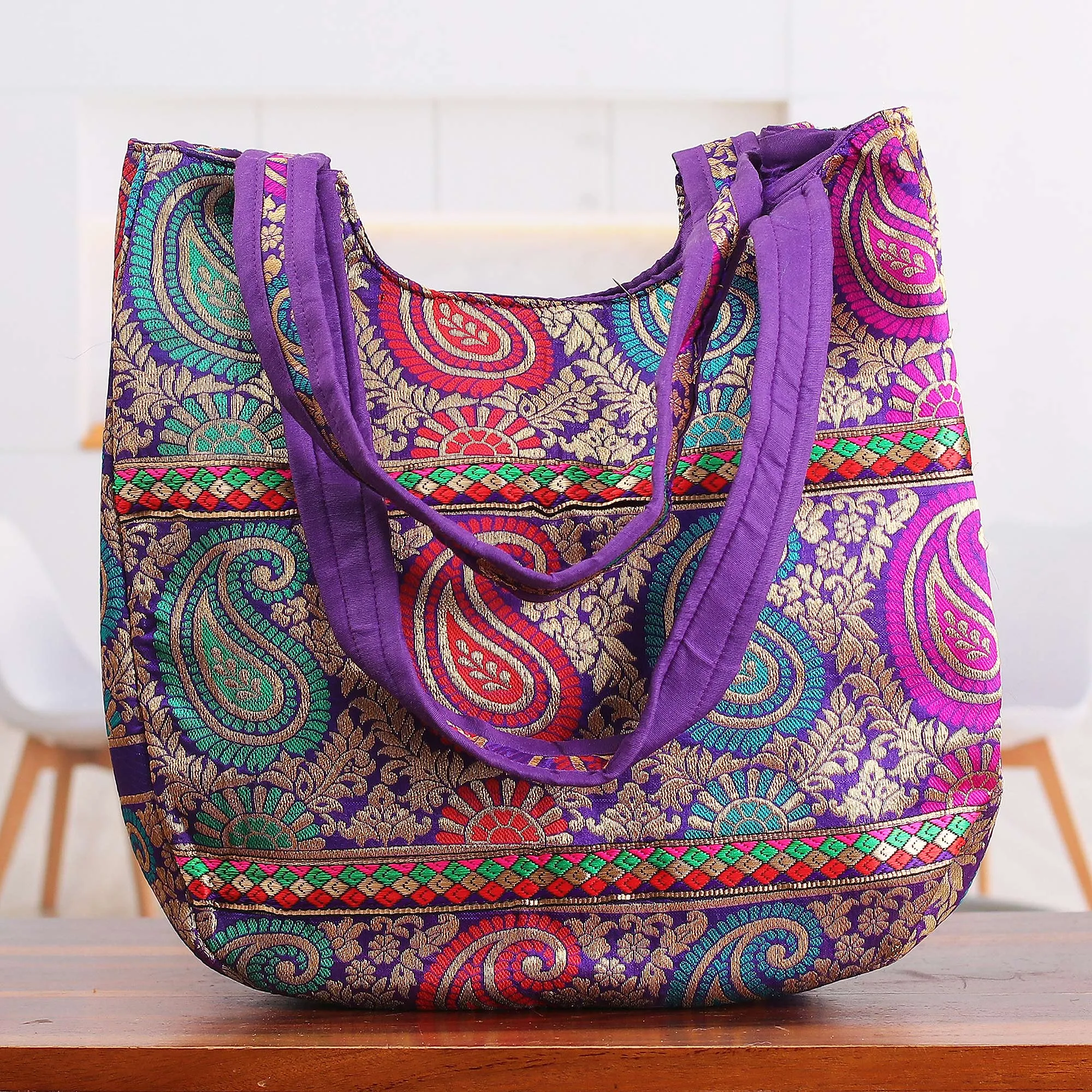 Multicolored Brocade Shoulder Bag by Indian Artisan - Paisley Parade | NOVICA