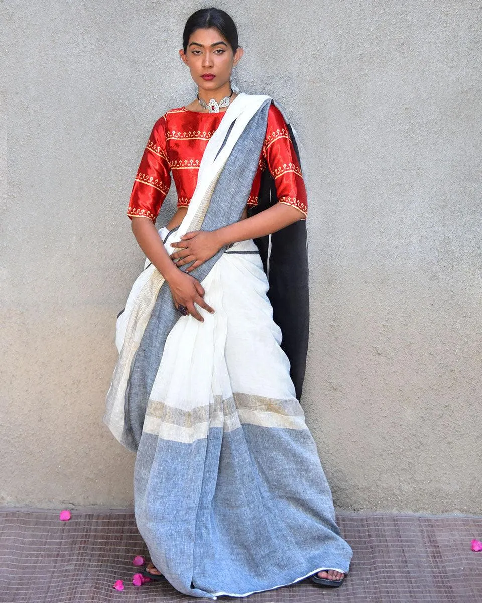 Neoma Handwoven Linen Saree-Stardust