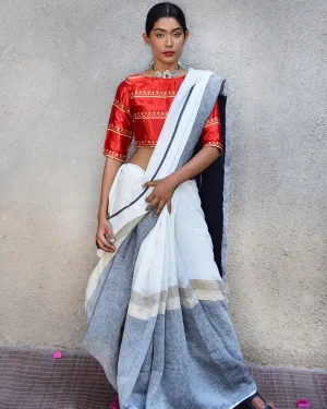 Neoma Handwoven Linen Saree-Stardust