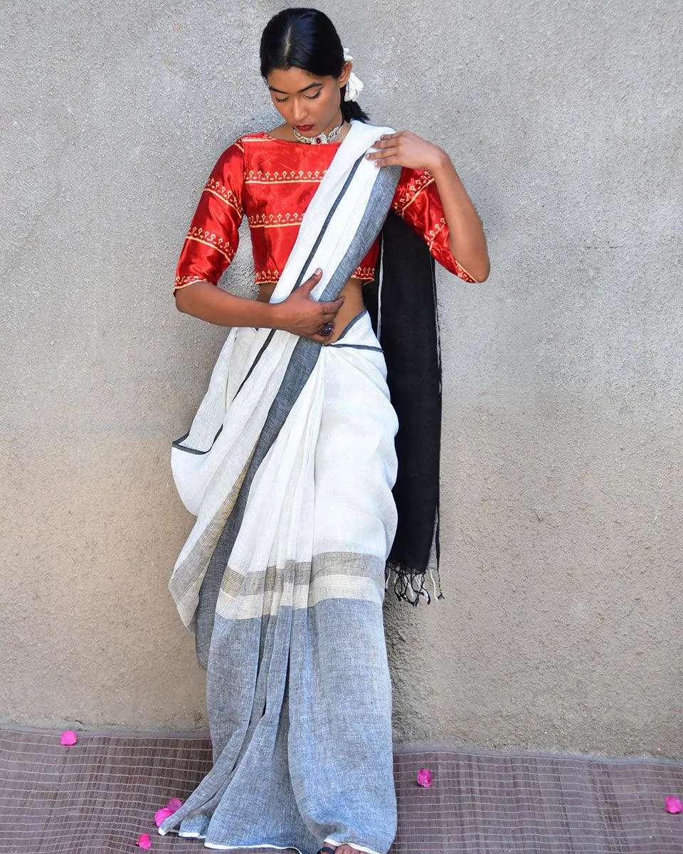 Neoma Handwoven Linen Saree-Stardust