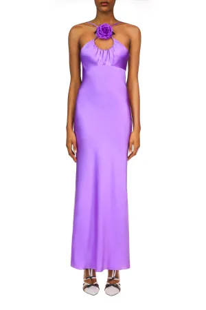 Purple Silk Satin Bias Dress With Ruched Bust And Silk Flower Detail