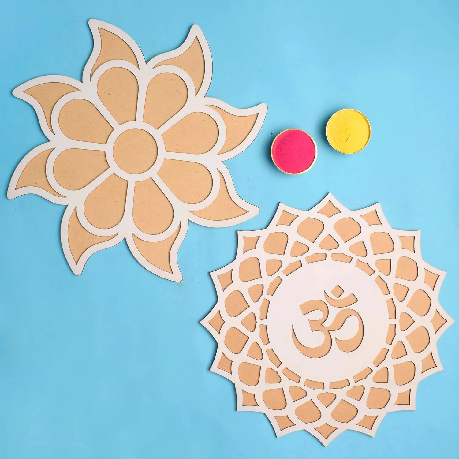 Set Of 2 Wooden MDF Mat Reusable Portable Rangoli Stencils Template Mat Readymade Rangoli Craft Just Fill with Rangoli or Petals Traditional Door Entrance Floor Pooja Room Mandir Diwali Decoration Items-12 Inch