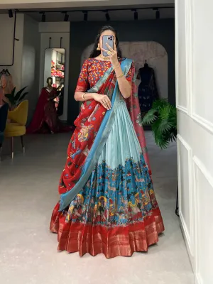 Sky Blue Dola Silk Lehenga Choli with Kalamkari Print & Weaving Border