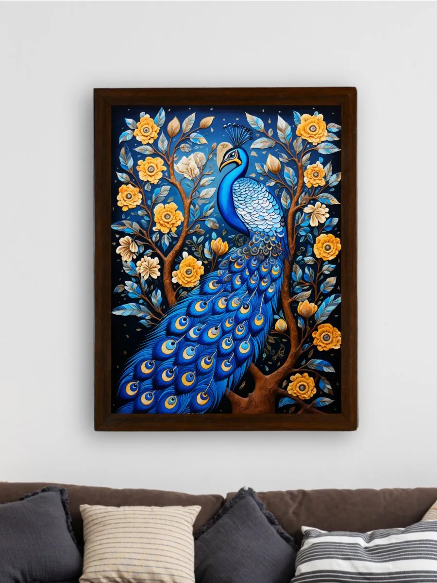 Sowpeace Serenity: Handcrafted Peacock's Tranquil Aura – Premium Indian-Inspired Canvas Art for Elegant Home Decor