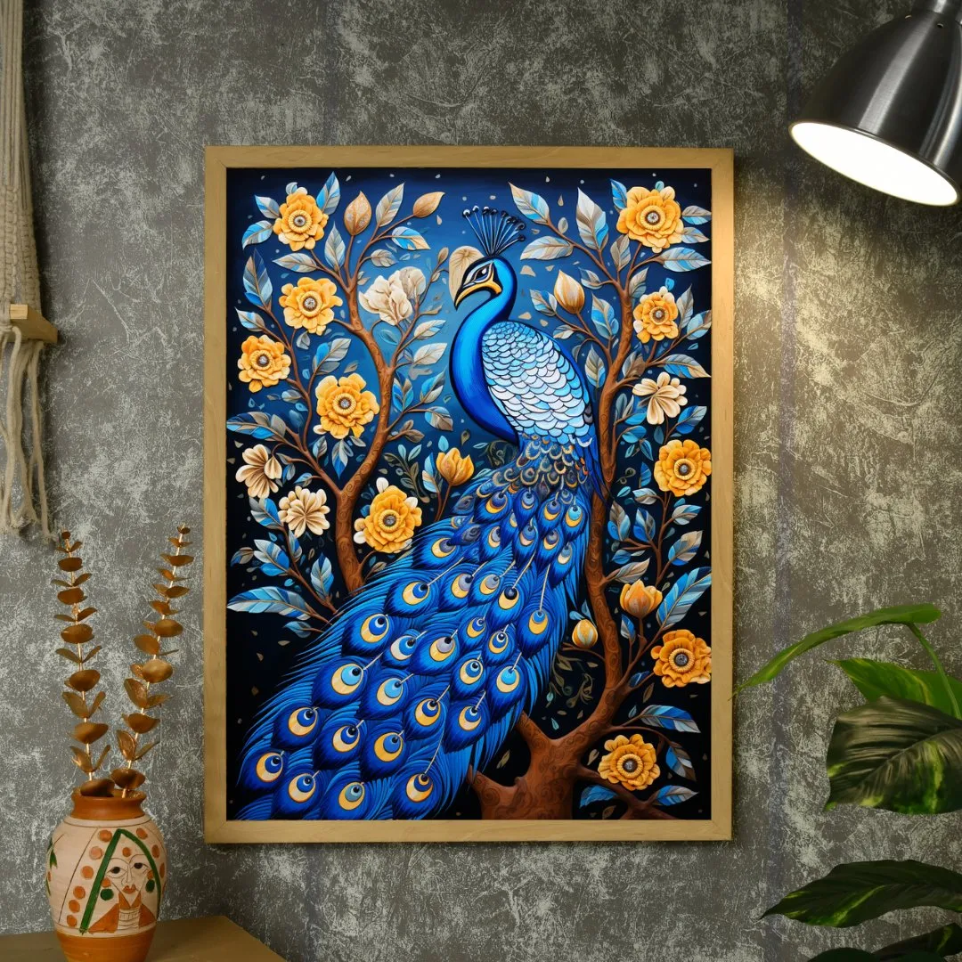 Sowpeace Serenity: Handcrafted Peacock's Tranquil Aura – Premium Indian-Inspired Canvas Art for Elegant Home Decor