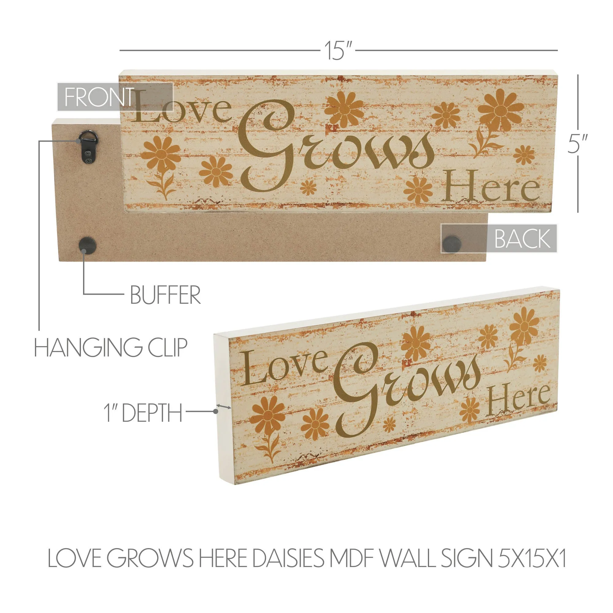 Spring In Bloom Love Grows Here w/ Daisies MDF Wall Sign 5x15x1