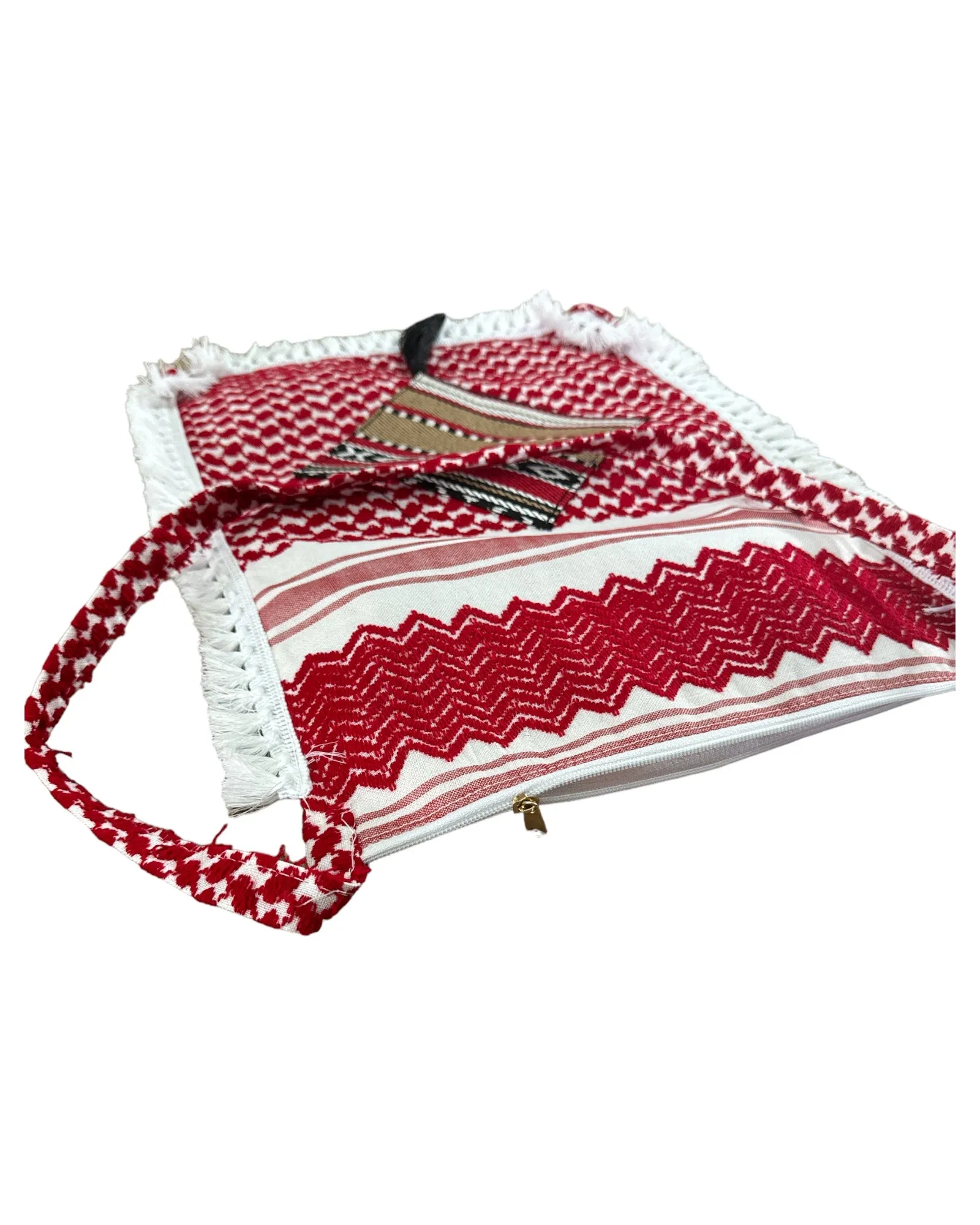 The Red & White Keffiyeh Handbag with Traditional Embroidery & Tarboosh 2 – A Tapestry of Heritage and Style