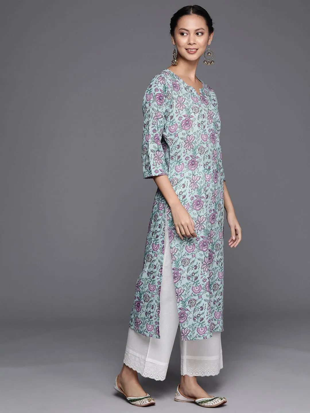 Varanga Blue And Pink Floral Printed Pure Cotton Kurta