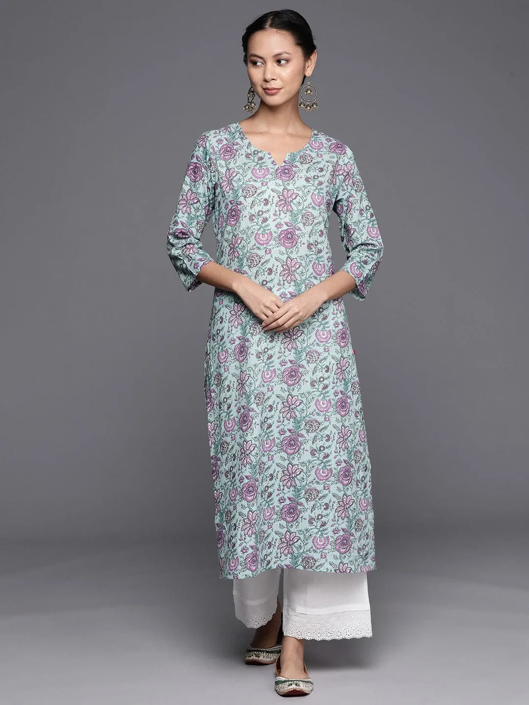 Varanga Blue And Pink Floral Printed Pure Cotton Kurta