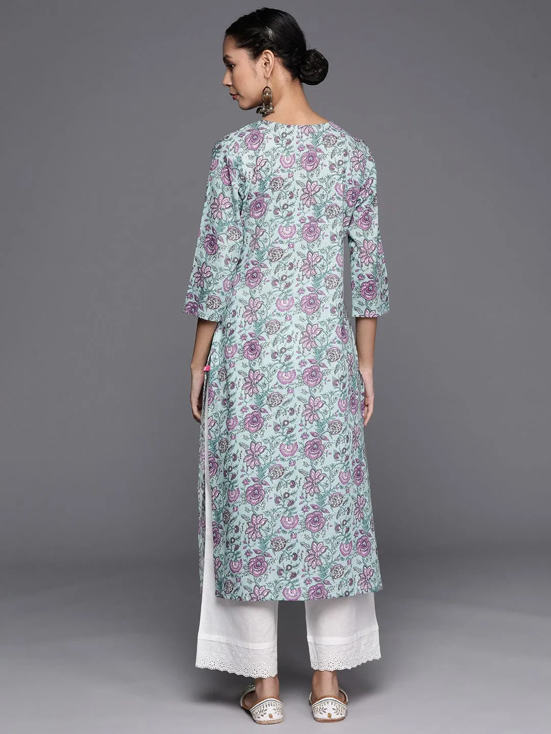 Varanga Blue And Pink Floral Printed Pure Cotton Kurta