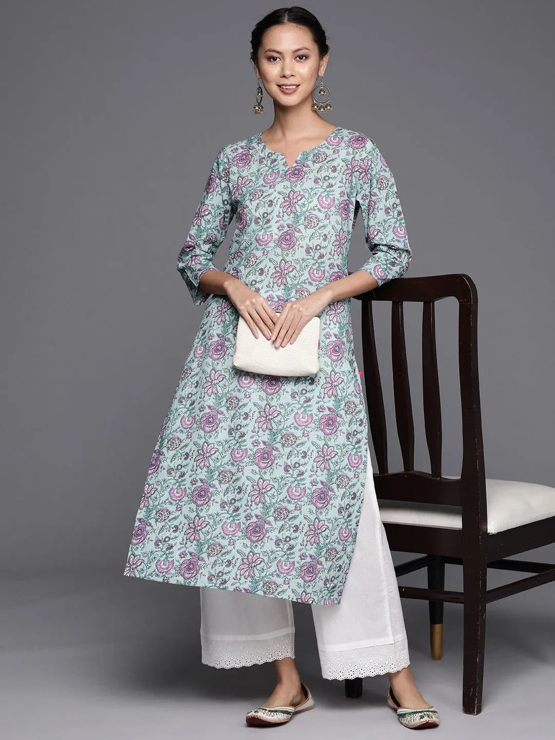 Varanga Blue And Pink Floral Printed Pure Cotton Kurta