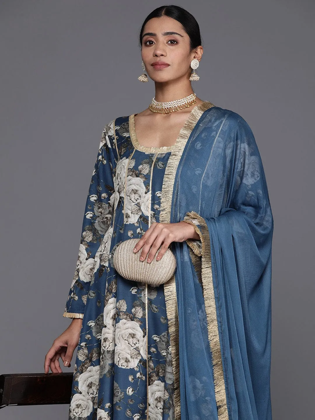 Varanga Floral Printed Blue And Grey Gotta Patti Anarkali Kurta with Dupatta