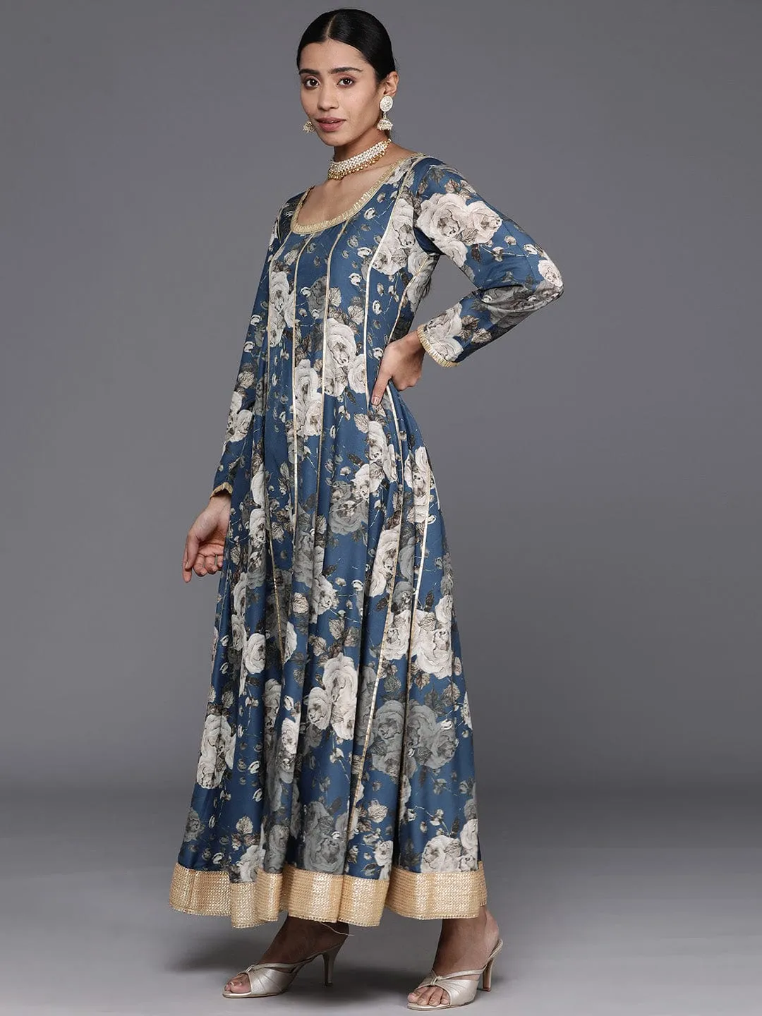 Varanga Floral Printed Blue And Grey Gotta Patti Anarkali Kurta with Dupatta