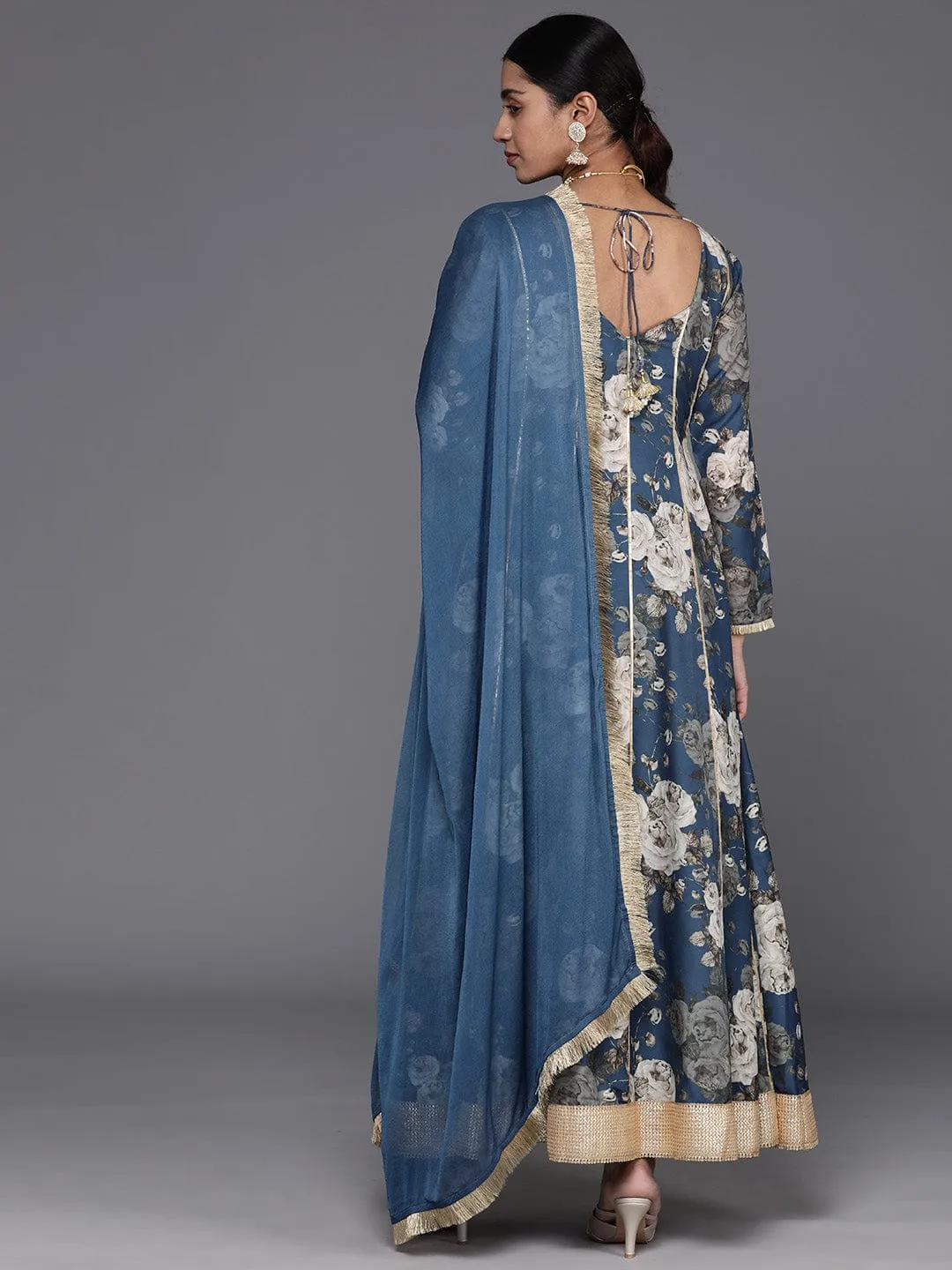 Varanga Floral Printed Blue And Grey Gotta Patti Anarkali Kurta with Dupatta