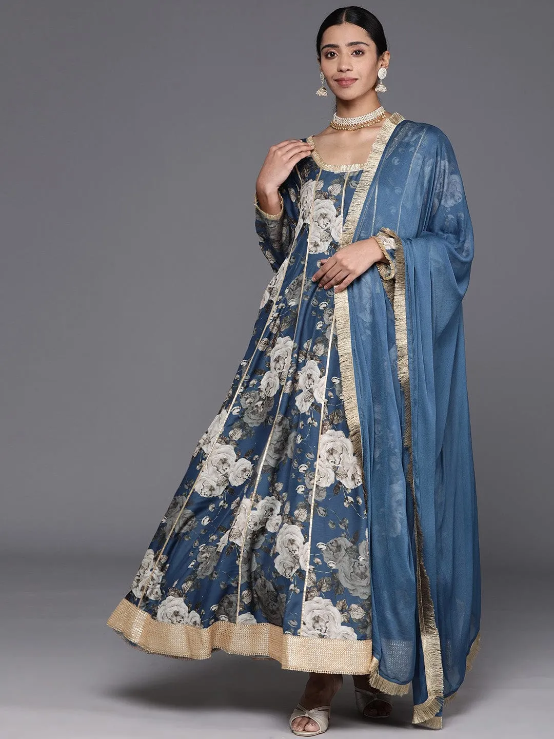 Varanga Floral Printed Blue And Grey Gotta Patti Anarkali Kurta with Dupatta