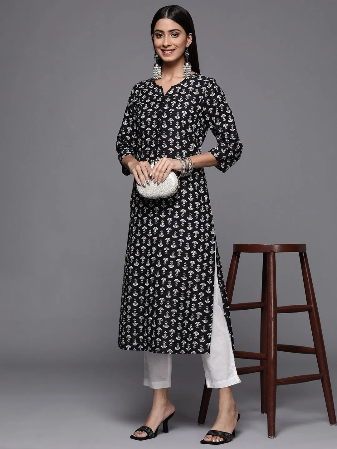 Varanga Women Black Printed Kurta With Hand Work Detailings.