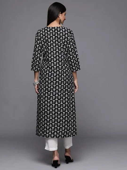 Varanga Women Black Printed Kurta With Hand Work Detailings.