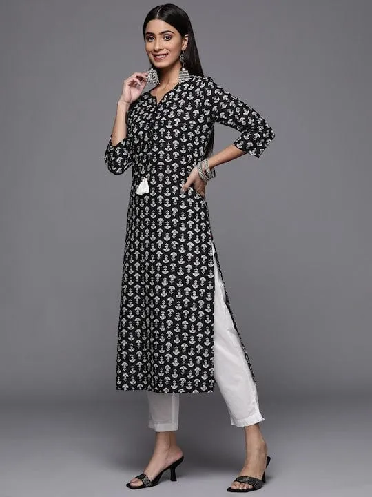 Varanga Women Black Printed Kurta With Hand Work Detailings.