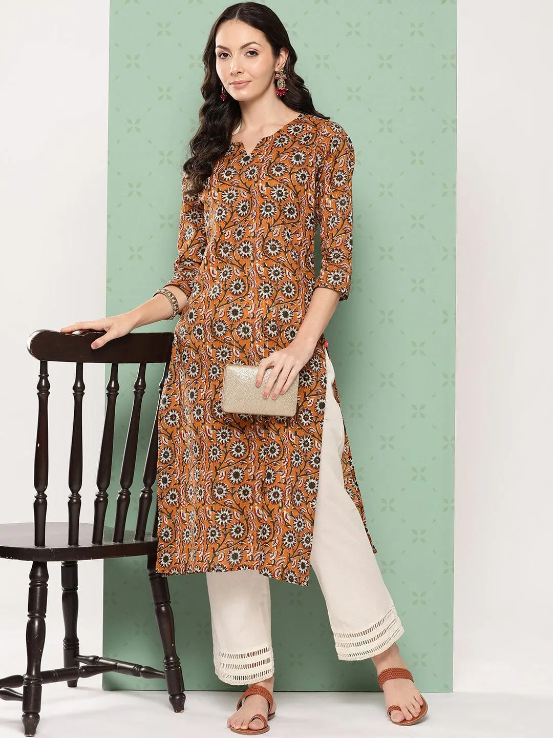 Varanga Women Brown Floral Printed Straight Kurta With Three Quarter Sleeves