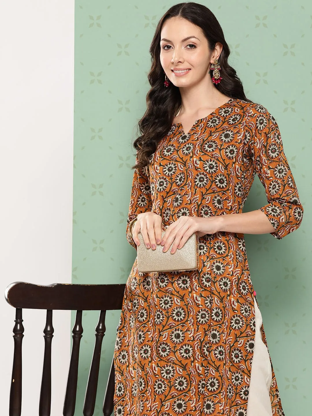 Varanga Women Brown Floral Printed Straight Kurta With Three Quarter Sleeves