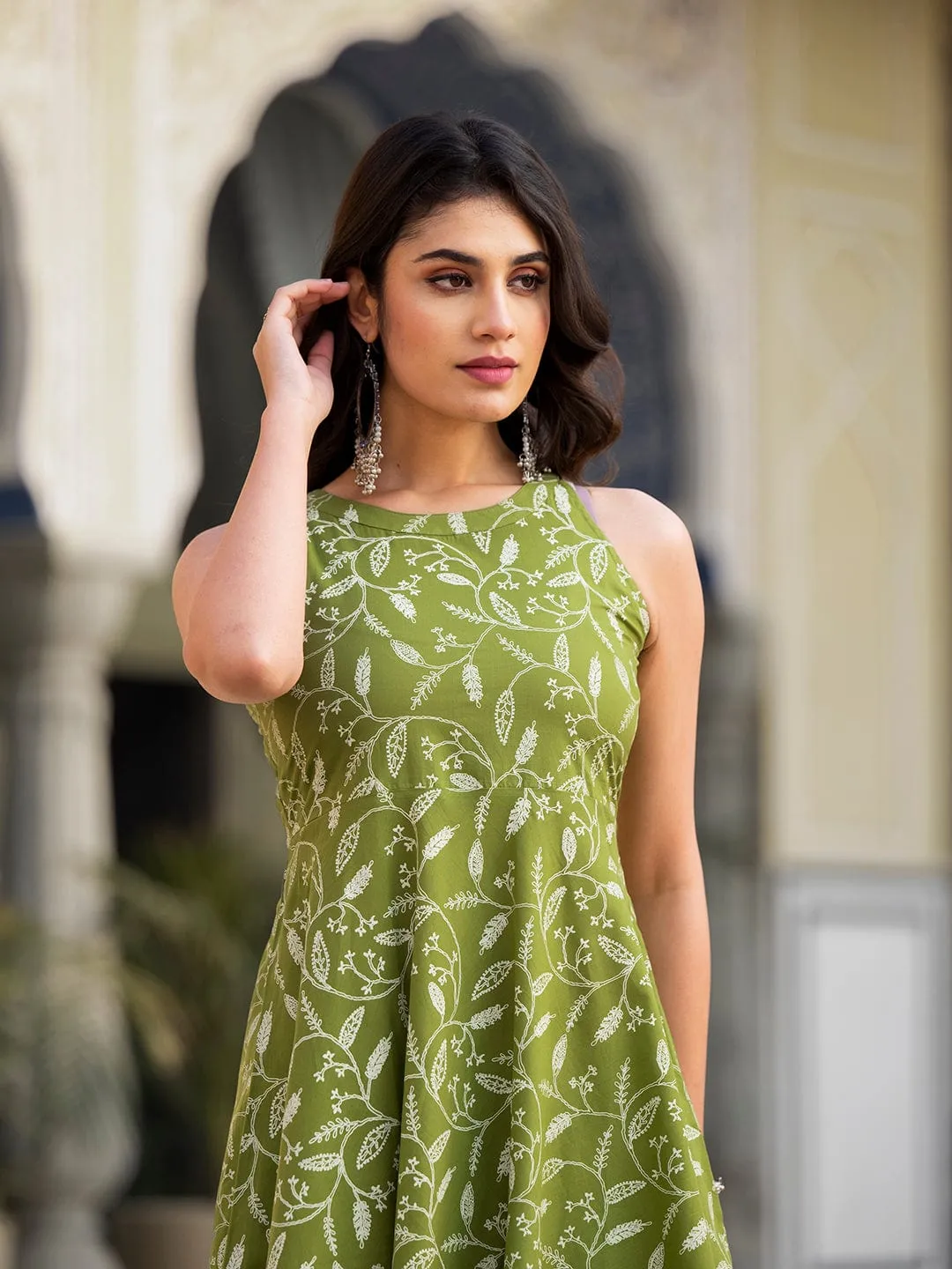 Varanga Women Olive Floral Printed  Halter Neck Anarkali Kurta Paired With Tonal Bottom