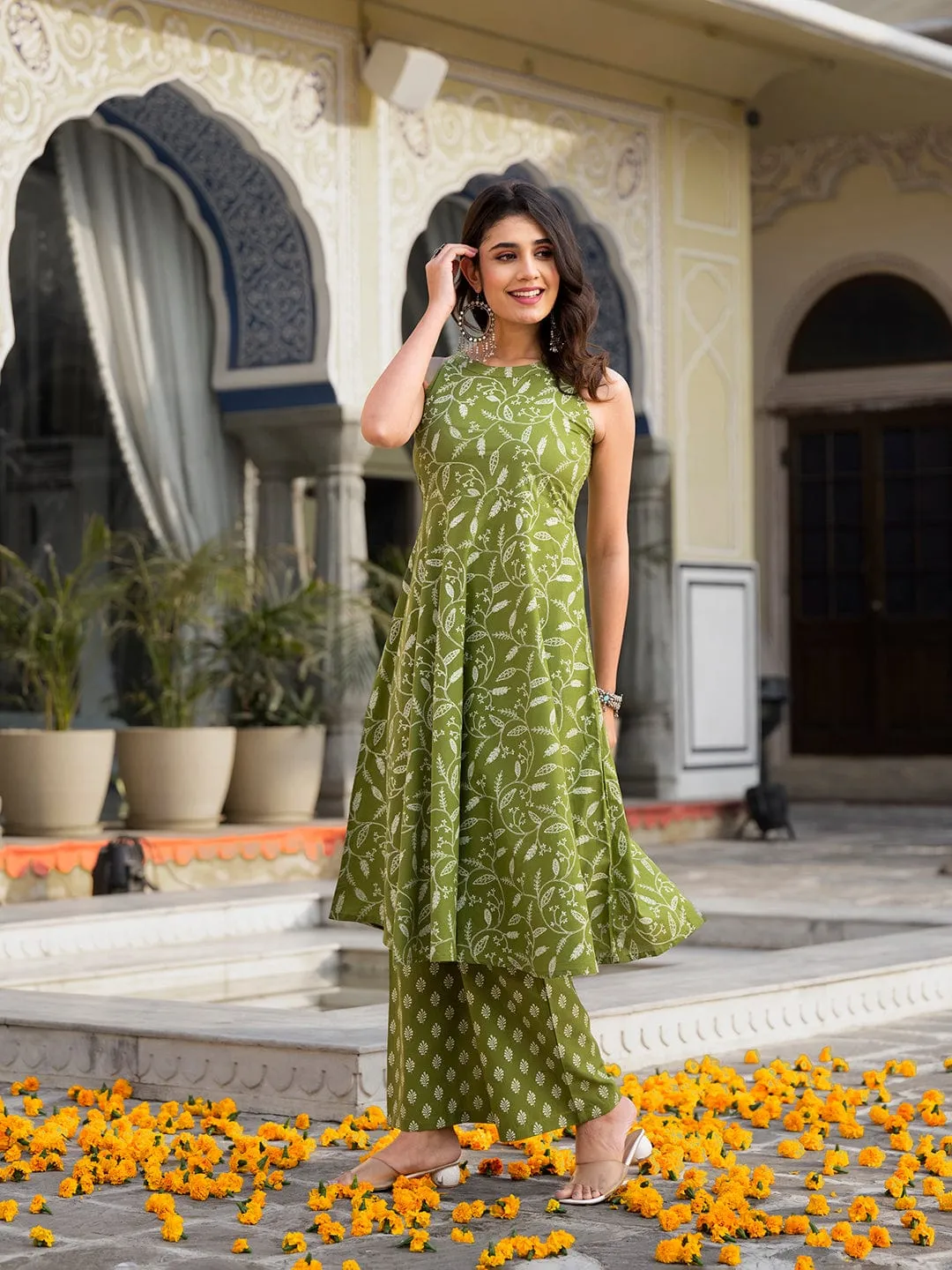 Varanga Women Olive Floral Printed  Halter Neck Anarkali Kurta Paired With Tonal Bottom