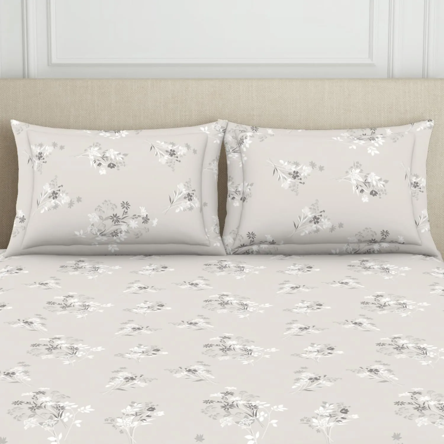 Welspun 120 TC Polycotton Bedsheet for Double Bed with 2 Pillow Cover | Super Soft Double Bedsheet | (88 X 100 Inch) - Floral Grey