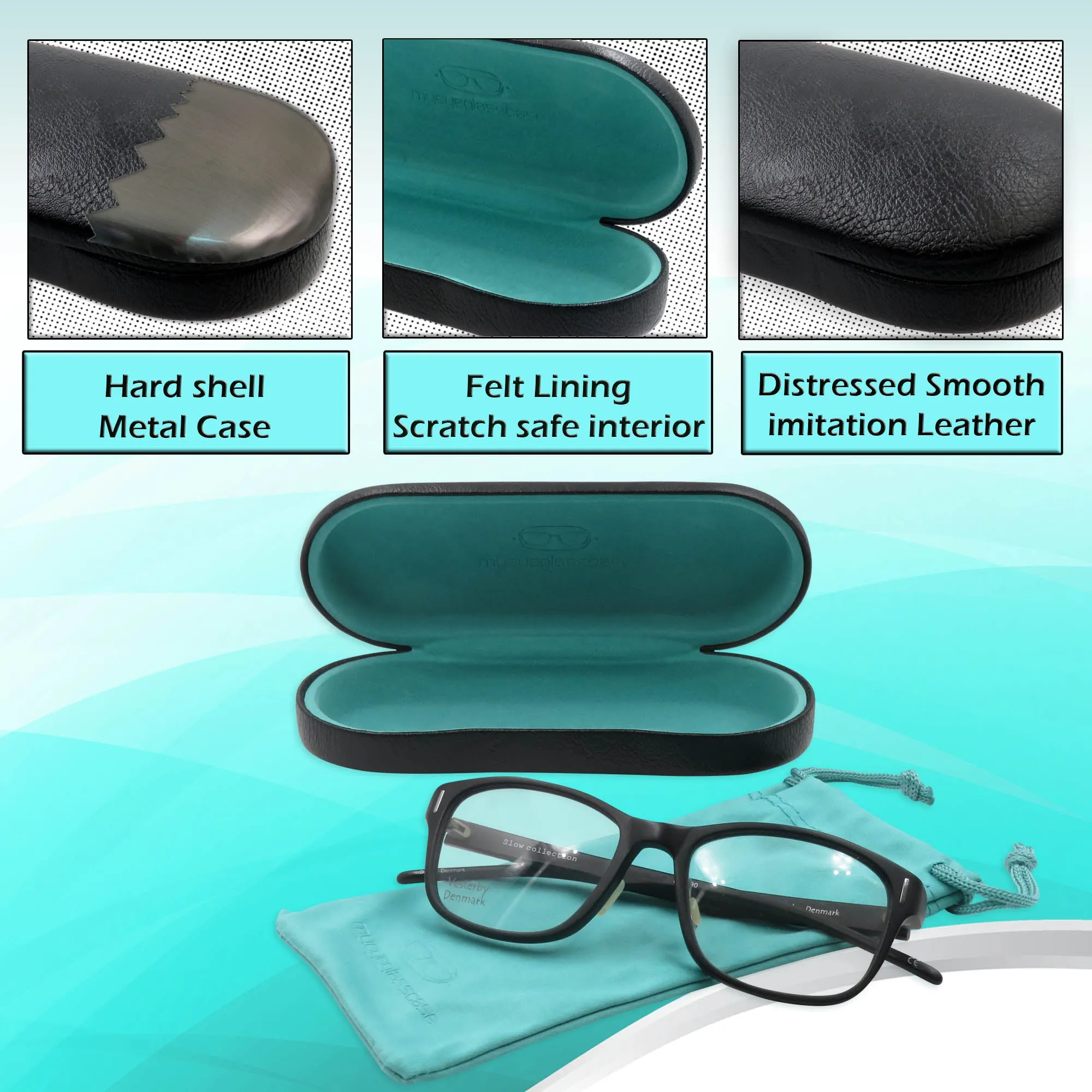 Women hard glasses Case - men eyeglass case medium size with Pouch & Cloth  (AS166L Black)